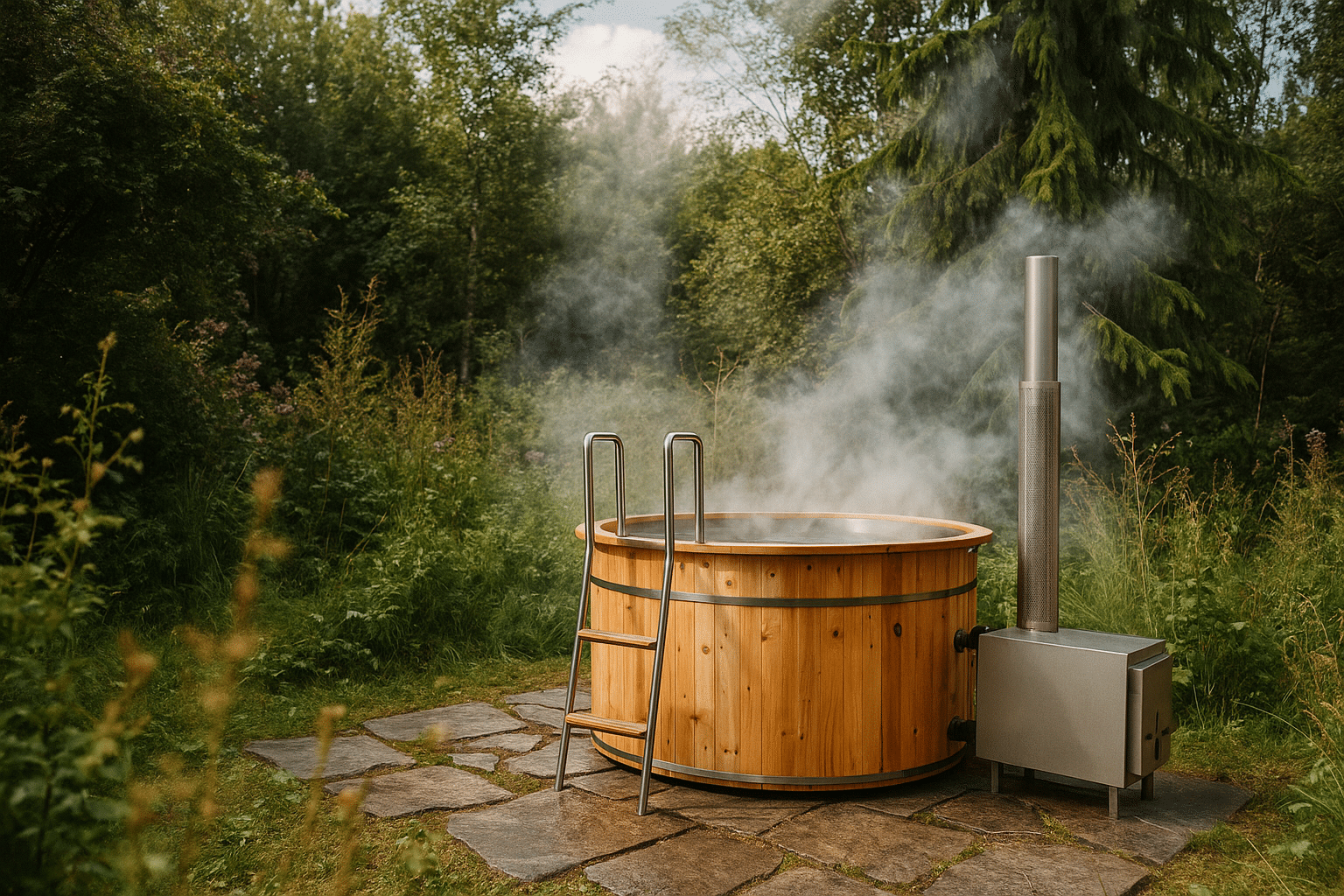 Badefass mit Wasserdampf in einem wilden Garten