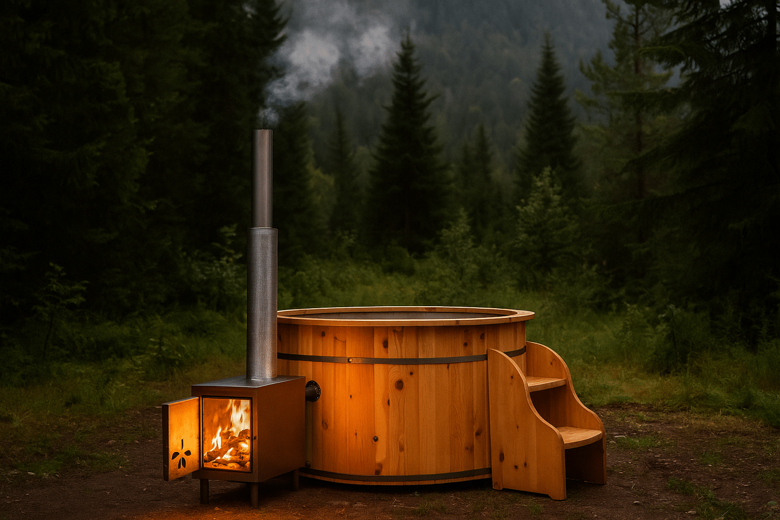 Badefass mit Holzofen im Wald