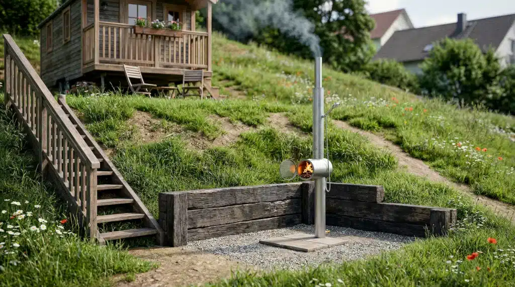Holzbeheizte Gartendusche von Feuerwasser im Garten mit brennendem Ofen