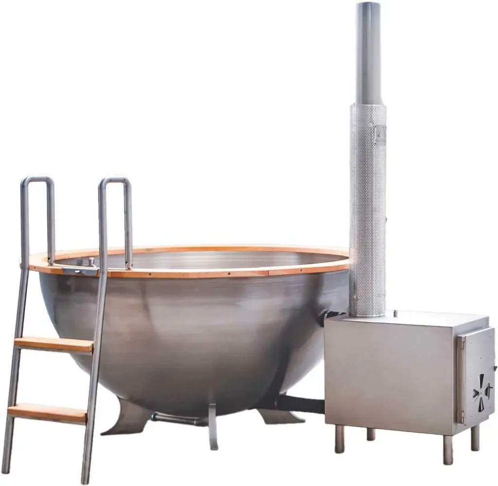 Badezuber aus 4 mm V4A-Edelstahl mit Außenofen und Einstiegsleiter – Feuerwasser